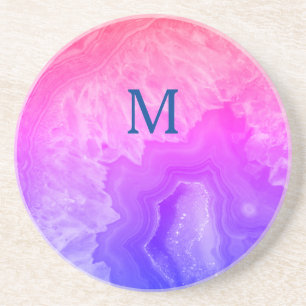 Geode Gemstone Agate Monogram Initials Pink Blue Coaster