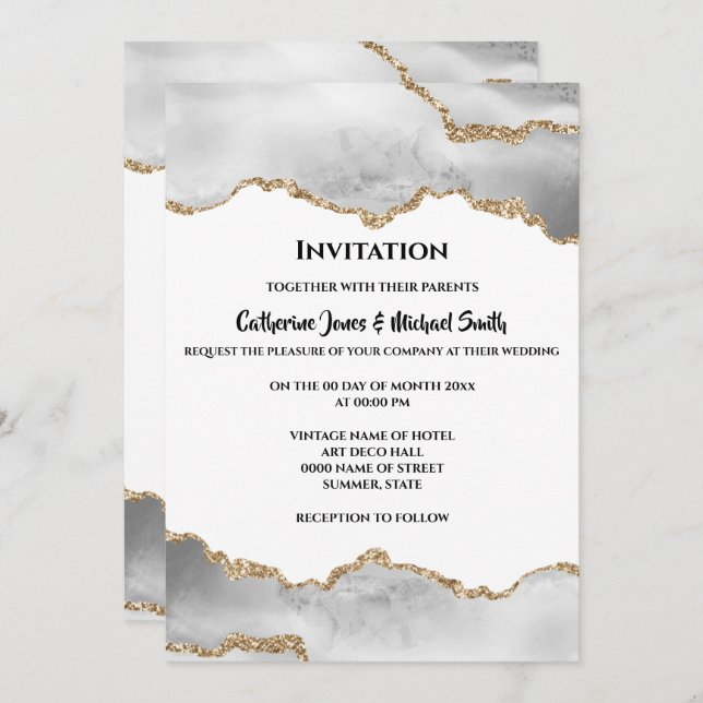 Geode watercolor faux gold white agate elegant invitation (Front/Back)