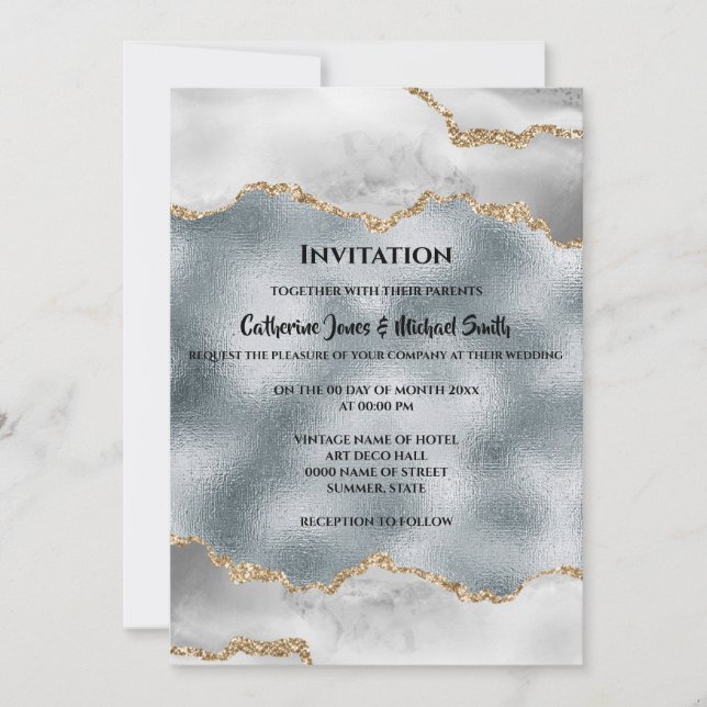Geode watercolor gold silver white agate chic invitation (Front)