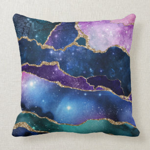 Geodes and galaxies blue purple pink green throw pillow