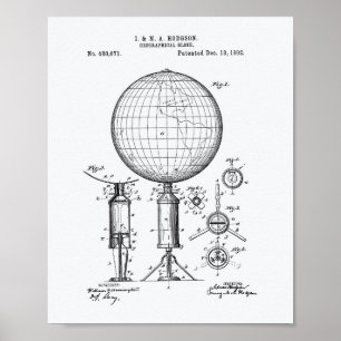 Geographical Globe 1892 Patent Art White Paper Poster