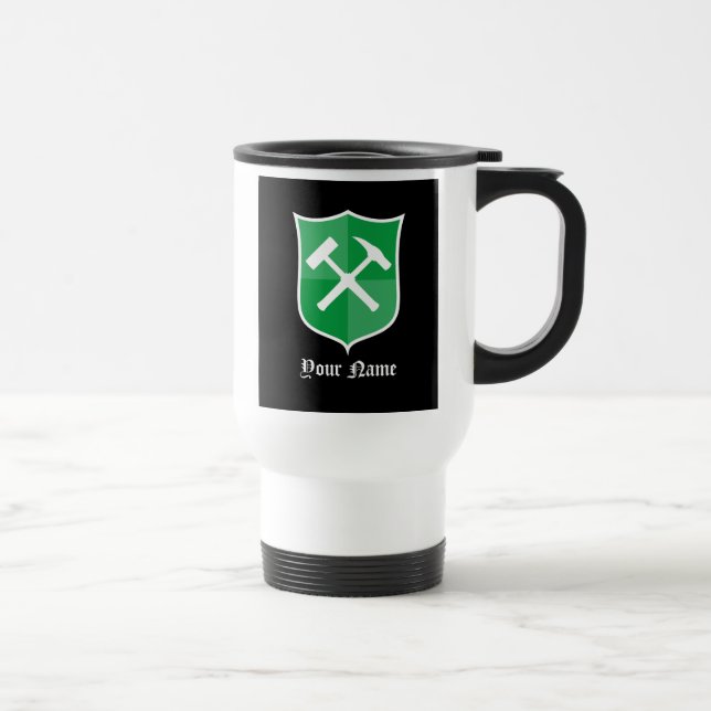 Geologist's Crossed Rock Hammer and Shield Logo Travel Mug (Right)
