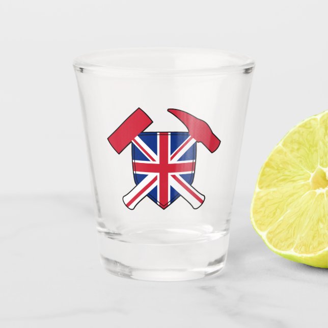 Geologist's Rock Hammer and Union Jack Logo Shot Glass (Front)