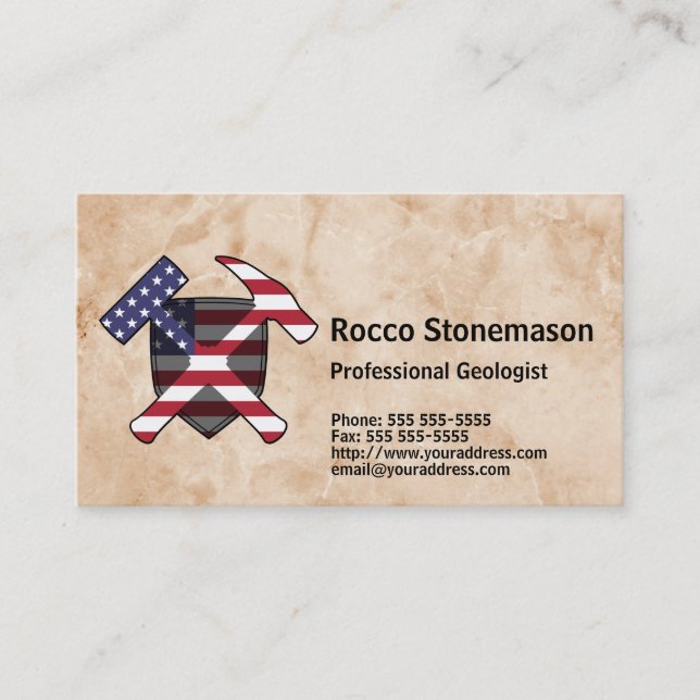 Geologist's Rock Hammer Logo with USA Flag Business Card (Front)