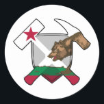 Geologist's Rock Hammer Shield- California Flag Classic Round Sticker<br><div class="desc">Do you need some geology stickers for your notebook,  or to seal those pesky envelopes?  This sticker sheet features a geologist's emblem of the classic crossed rock pick and sledge hammer over a shield,  filled with a remix of the California flag!</div>