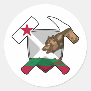 Geologist's Rock Hammer Shield- California Flag Classic Round Sticker