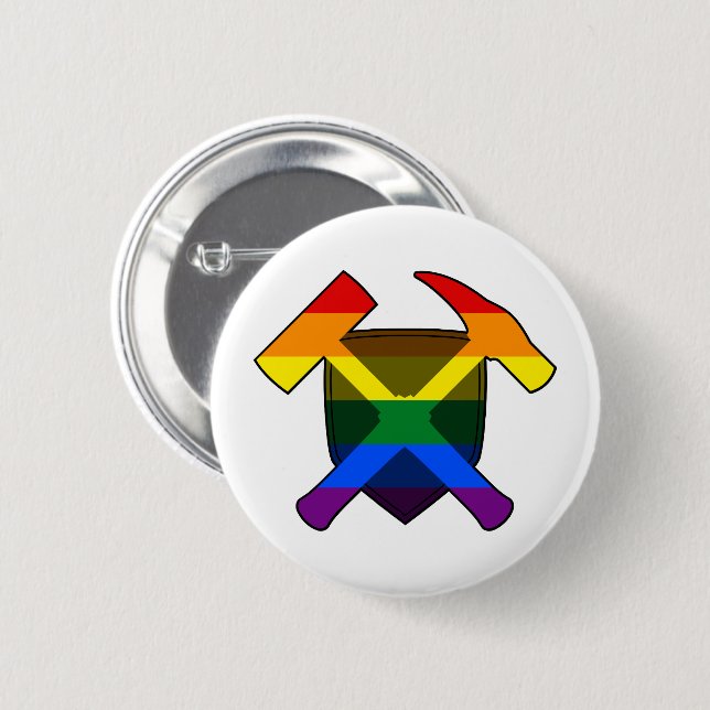 Geologist's Rock Hammer Shield- LGBT Rainbow Flag 2 Inch Round Button (Front & Back)