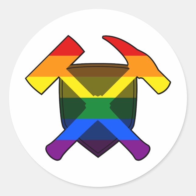 Geologist's Rock Hammer Shield- LGBT Rainbow Flag Classic Round Sticker (Front)