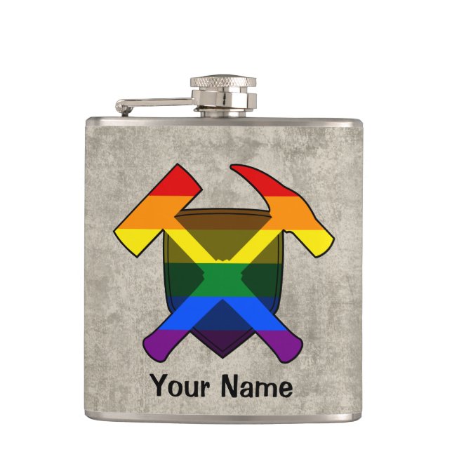 Geologist's Rock Hammer Shield- LGBT Rainbow Flag Hip Flask (Front)