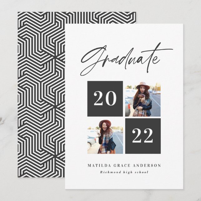 Geometric 2 photo typography black and white grad announcement (Front/Back)