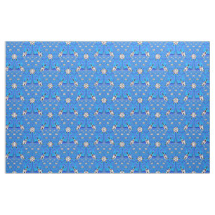 geometric 6-point white flowers on blue fabric