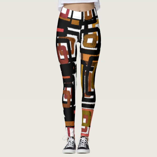 Geometric Abstract Blocks Rust Black Brown White Leggings (Front)