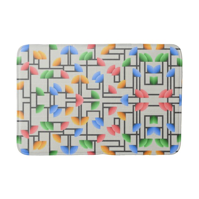 Geometric Abstract, Blue, Gold, Coral, Green Bath Mat (Front)