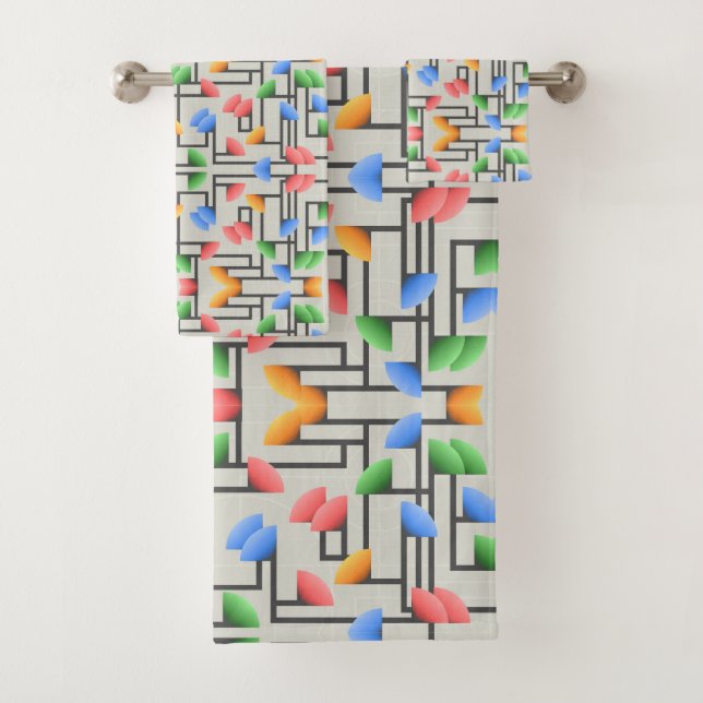 Geometric Abstract, Blue, Gold, Coral, Green Bath Towel Set (Insitu)