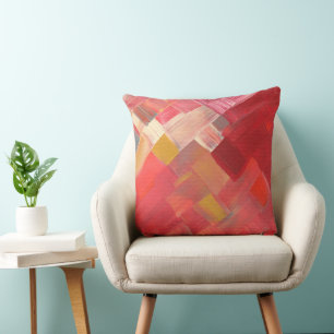 Geometric Abstract Brushstrokes Red, Pink & Gold Throw Pillow