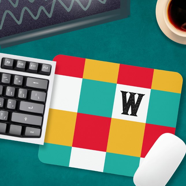 Geometric Abstract Colourful Personalized Monogram Mouse Pad (A colorful monogrammed mouse mat, with a geometric pattern of squares in teal, red, yellow and white)