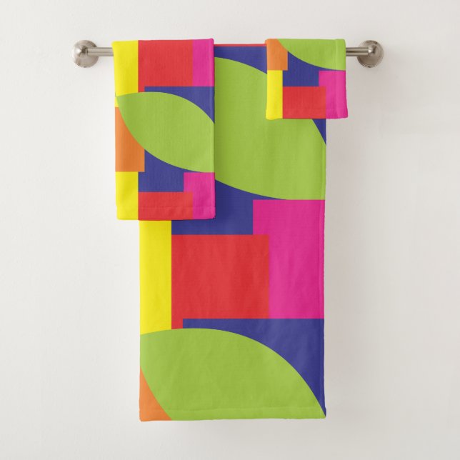 Geometric Abstract Colourful Square Leaf Pattern Bath Towel Set (Insitu)