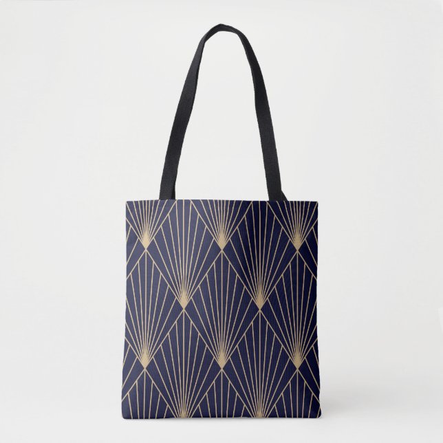 Geometric Abstract Dark Blue Gold Tote Bag (Front)