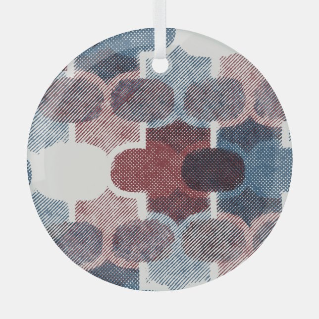 Geometric Abstract Red Blue Pattern Glass Ornament (Front)