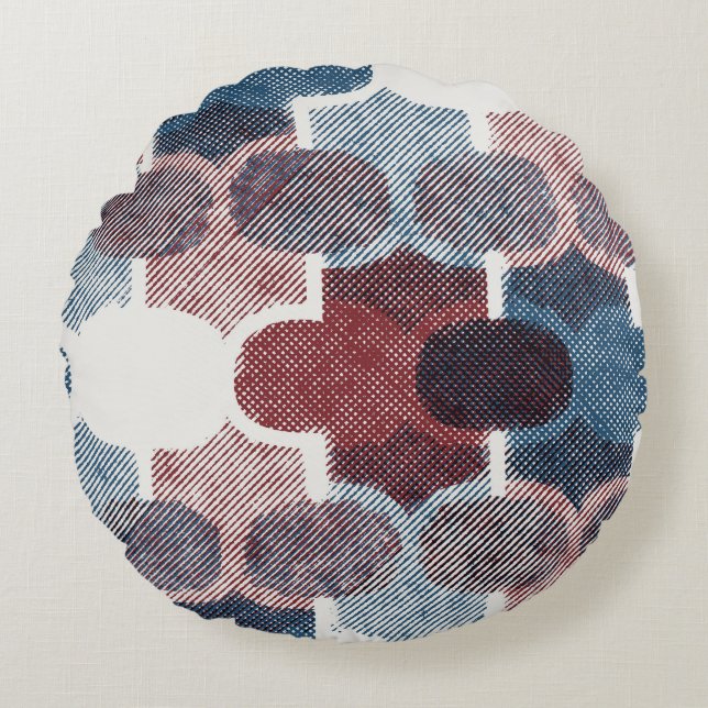 Geometric Abstract Red Blue Pattern Round Pillow (Front)