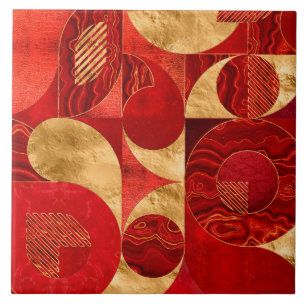 Geometric Abstract - Red textures and Gold Tile