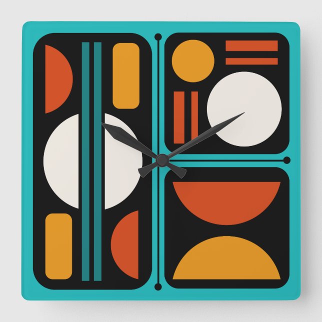 Geometric Abstract Retro Art Turquoise Orange Square Wall Clock (Front)