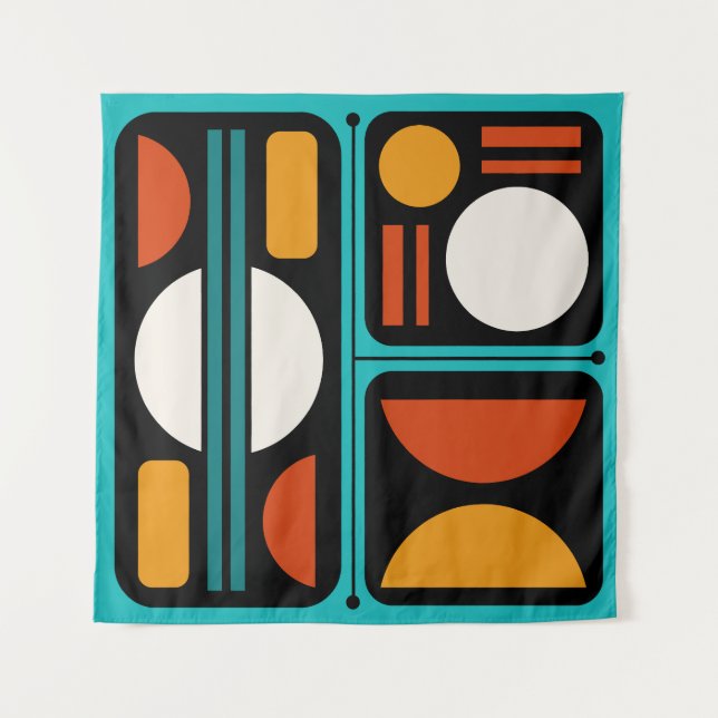 Geometric Abstract Retro Art Turquoise Orange Tapestry (Front)