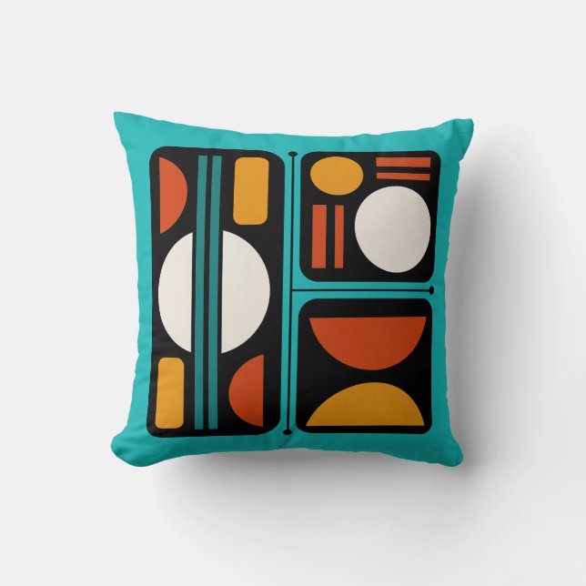 Geometric Abstract Retro Art Turquoise Orange Throw Pillow (Front)