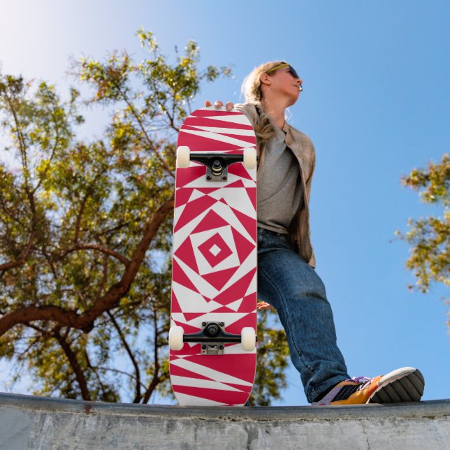 Geometric Abstract White & Red Illusion Skateboard (Outdoor 1)