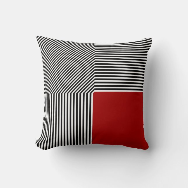 Geometric abstraction, B/W stripes red square Throw Pillow (Front)