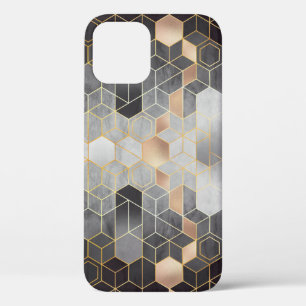 Geometric abstraction of hexagons on a black and w iPhone 12 case