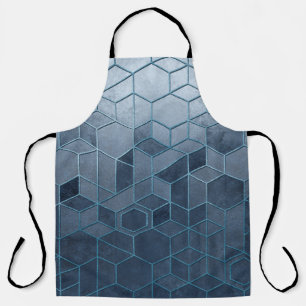 Geometric abstraction of hexagons on a blue relief apron
