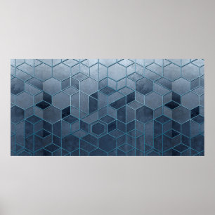 Geometric abstraction of hexagons on a blue relief poster