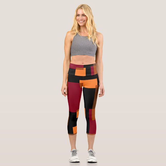 Geometric Abstraction Red Orange Brown Black  Capri Leggings (Front)