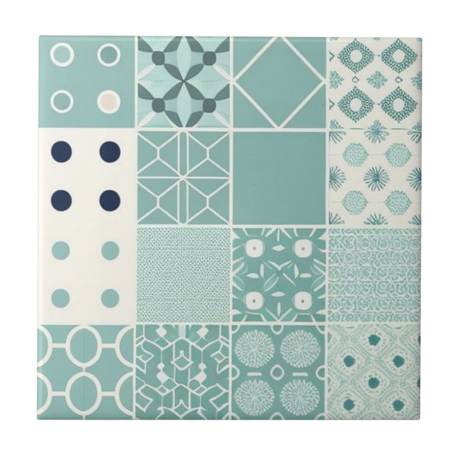 Geometric acqua-green and white pattern tile (Front)