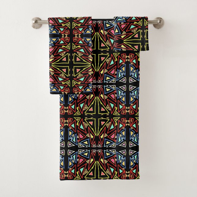 Geometric Alien Tech Multicolor Pattern Bath Towel Set (Insitu)