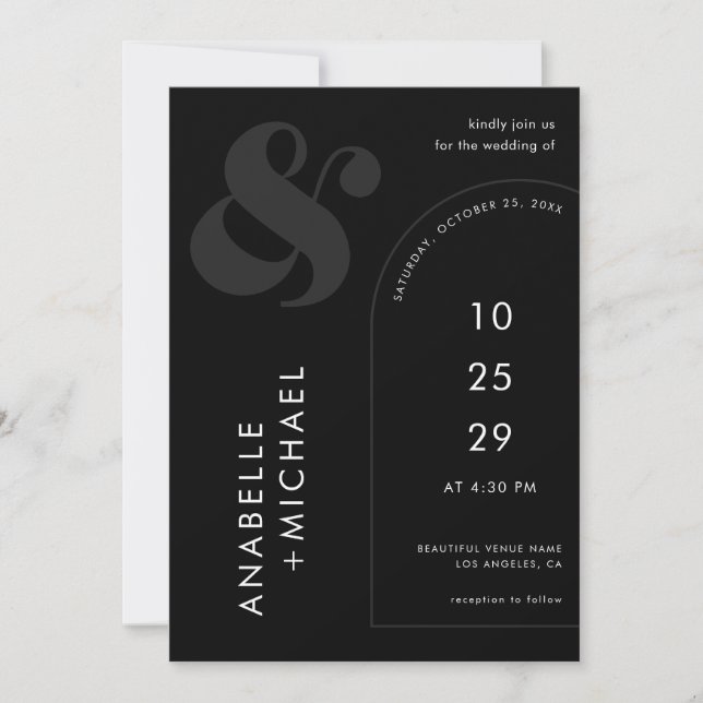 Geometric Ampersand Arch & Photo Black and White Invitation (Front)