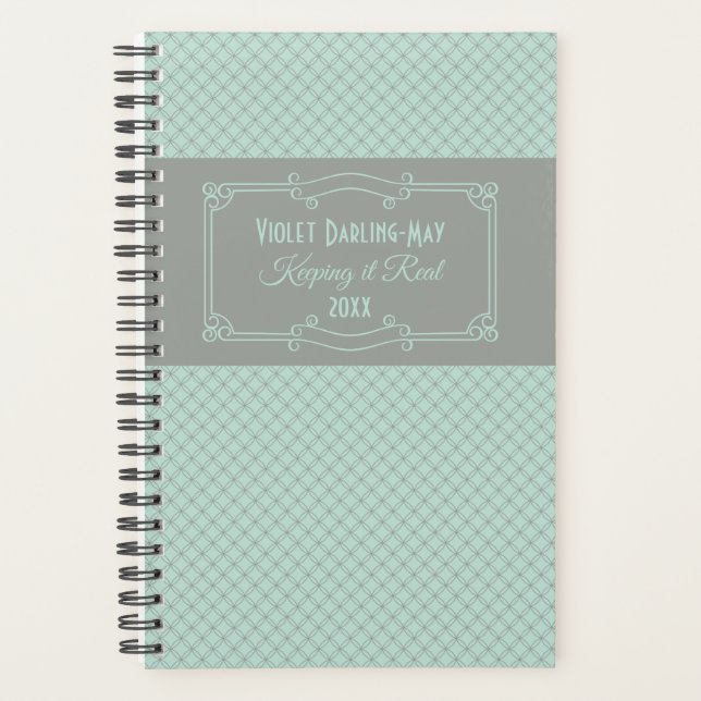 Geometric and Art Deco Mint & Grey Personalized Planner (Front)