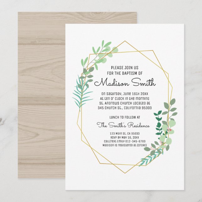 Geometric and Greenery Baptism Invitation (Front/Back)