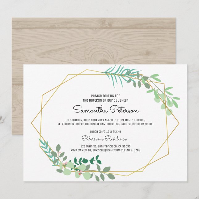 Geometric and Greenery Baptism Invitation (Front/Back)