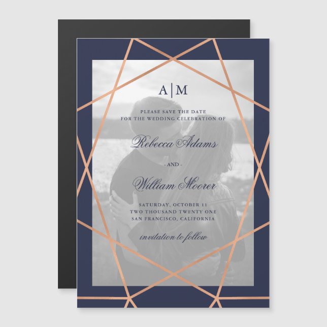 Geometric and Midnight Blue | Photo Save The Date Magnetic Invitation (Front/Back)