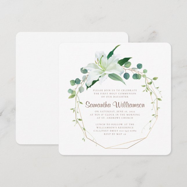 Geometric and Modern White Floral First  Communion Invitation (Front/Back)