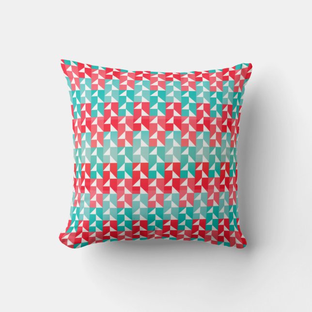 Geometric Aqua Blue and Red Modern Pattern Throw Pillow (Front)