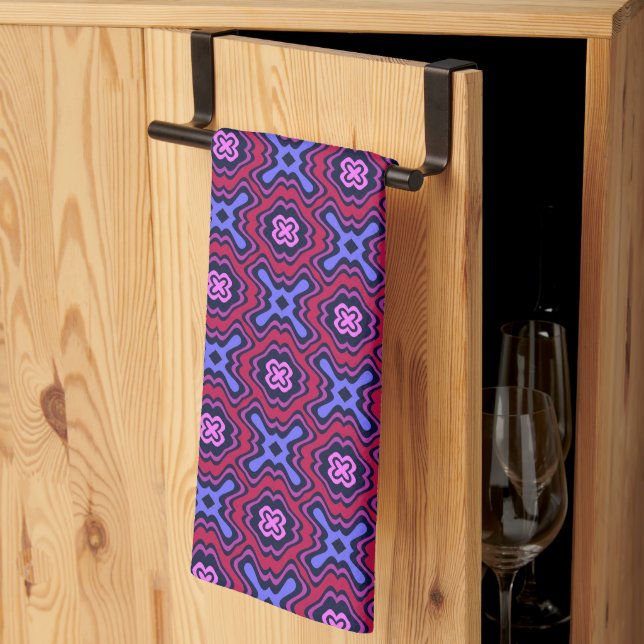 Geometric Arabesque Pattern in Vibrant Pink and Bl Kitchen Towel (Thirds Fold)