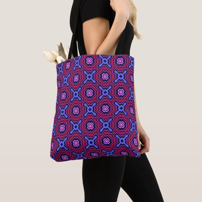 Geometric Arabesque Pattern in Vibrant Pink and Bl Tote Bag (Close Up)