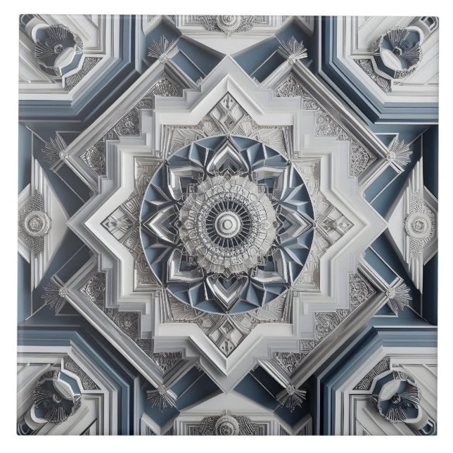 Geometric Art Deco All Grey Dusty Blue Off white  Tile (Front)