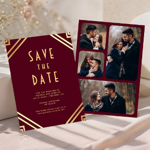 Geometric Art Deco Burgundy Gold Photo Wedding Save The Date
