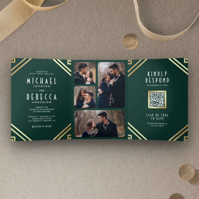 Geometric Art Deco Emerald Gold QR Code Wedding Tri-Fold Invitation (Creator Uploaded)