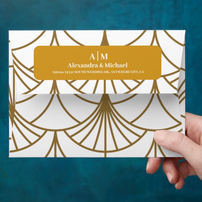 Geometric Art Deco Gold White Gatsby Wedding Envelope (Hand)
