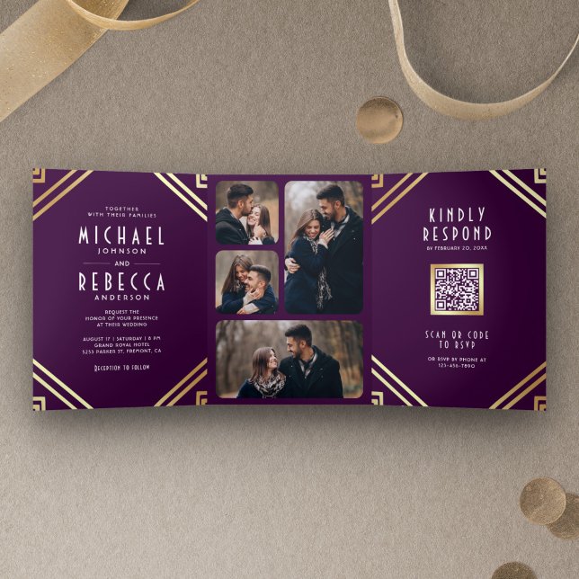 Geometric Art Deco Purple Gold QR Code Wedding Tri-Fold Invitation (Creator Uploaded)